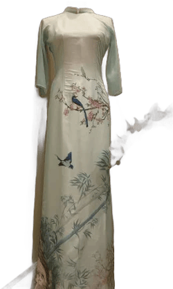 Green Ao Dai Vietnamese Ao Dai Lua To Ong in 3D with White Pants (Free Fast Priority shipping)