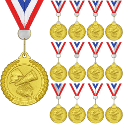 Donrime 12 Pcs Cheerleading Medals 2 Inch Gold Metal Cheerleader Medal with V Neck Ribbons for Kids Adults Trophy Award Prize Gift