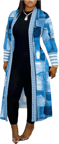 Long Duster Cardigan for Womens Open Front Casual Lightweight Slim Fit Jacket Fashion Printed Floor Lenth Coat X-Large Denim Patch
