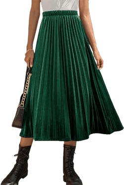 Women's High Elastic Waist Pleated Velvet Midi Skirt