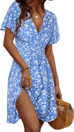 Fensace Women's Floral Short Sleeve Wrap V Neck A-Line Midi Dress