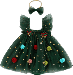 Chloefairy Baby Girl Christmas Tree Romper Dress Star Sequin Tulle Skirt Lace Bodysuit Headband Newborn Infant Christmas Outfit