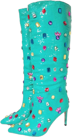 Frankie Hsu Ladies Girls Sexy Unisex Stiletto Knee High Heeled Wide Calf Long Boots, Red Pink Yellow Green Blue Purple Gem Rhinestone Diamond Style, Big Large Size US4-12 Shoes For Women
