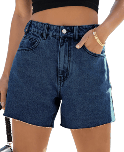 Goranbon Women's High-Waisted Straight Leg Raw Hem Denim Shorts with Pocket