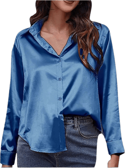 Stain Shirts for Women Trendy Long Sleeve Button Down Blouses Elegant V Neck Super Soft Silk Work Tops with Pockets Small Sky Blue