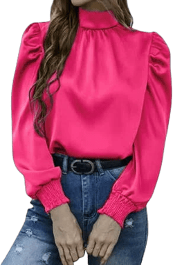 Women's Satin Puff Long Sleeve Mock Neck Blouse