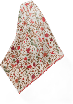 Red Flowers Green Leaves Brown Vines Crewel Embroidered IvoryWool Pashmina Shawl