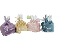 Personalised Velvet Bunny Ear Gift Bag. Perfect for a Children’s Easter Gift. Available in Pink or Blue. Drawstring Ribbon Detail.