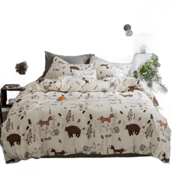 Houseri Beige Bear Comforter Set Twin Size 3 Pieces Toddler Girls Boys Woodland Theme Cartoon Bedding Sets Ultra Comfy Fox Rabbit Forest Animal Print Breathable Soft Bed Quilt Blanket Twin Kids Gift Twin(68''*90''-Comforter) 4-beige Bear