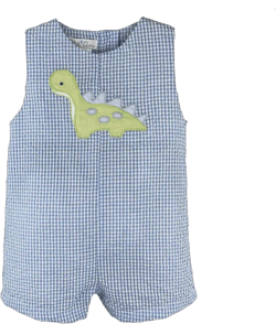 Baby Boys Green Gingham Dinosaur Smocked Shortall Romper