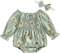 2pcs Baby Girl Smocked Bubble Romper Newborn Long Sleeve Off Shoulder Flowers Printed Ruffle Jumpsuit