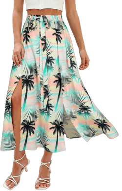 Women's High Elastic Waisted Hawaiian Floral Maxi Skirt with Pockets