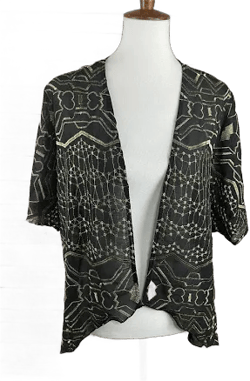 Glam Large Metallic Embroidered Kimono Top Black Gold Sheer Cover Up