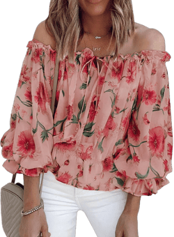 BLENCOT Women's Off Shoulder Ruffle Sleeve Floral Chiffon Shirt