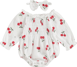 Newborn Baby Girl Bodysuit Long Sleeve Cherry Print One Piece Romper Cotton Linen Smocked Bodysuit with Headband (White, 0-3 Months)