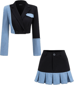 Micas Patchwork Denim Blazer and Skirt Set