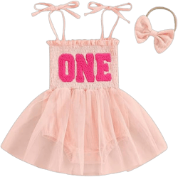 Baby Girls 1st Birthday Outfit Embroidered Letter Ruffle Bodysuit Romper Tutu Dress with Headband Backless Sleeveless Smocked Bodice Princess Cake Smash Clothes for Photo Shoot Pink One 12-18 Months