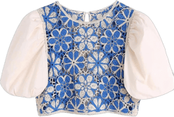 Women Lace Crochet Short Smock Blouse Female Puff Sleeve Hollow Out Shirt