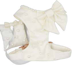 Wedding Dog Harness and Ring Pillow in Ivory Silk Satin with Ivory Sailor Bow and Pearls Wedding Dog Outfit CHOICE COLOURS Made to Measure