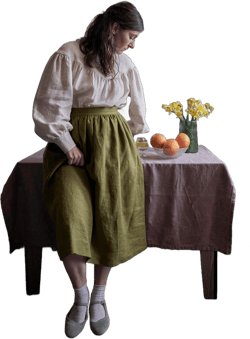Victorian Gathered Linen Midi Skirt with Pockets