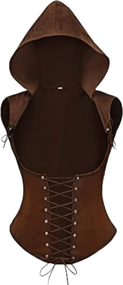 FURPHI Women’s Steampunk Underbust Corset Vest with Hood Faux Leather Sleeveless Medieval Gothic Costume
