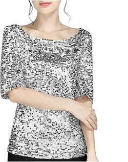 Women’s Full Sequin Top Shimmer Glitter Party Shirt Half Sleeve Sparkle T-Shirt Sparkly Embellished Blouses Clubwear Silver XX-Large