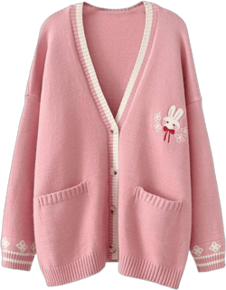FindThy Women's Cute Rabbit Embroidered Long Sleeve Pocketed Cardigan