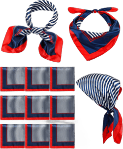 Bonuci Sailor Scarf 23.62 x 23.62 Inch Silk Satin Flight Attendant Scarf Square Red White and Blue Stripe Scarf for Women
