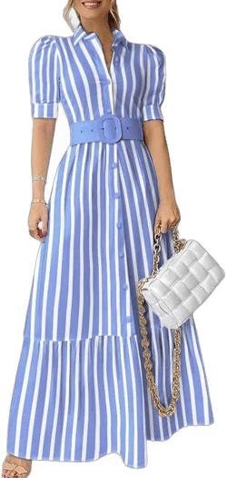 Women's Casual Puff Sleeve Striped Maxi Dress with Belt