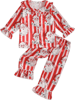 Toddler Baby Girl Boy Christmas Silk Satin Pajamas Santa Button Pjs Kids Long Sleeve Shirt Pants Xmas Pjs Sleepwear Red Santa Striped 2-3T