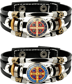 2Pcs Glow in The Dark Medalla de San Benito Bracelet Men's 3-layer Leather Saints Cross Bracelet Snap Buttons for Father Husband Couples Son Jewelry