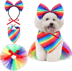 Amylove Dog Rainbow Bandana 3 Pcs Gay Pride Dog Costume Set Includes Bowknot Rainbow Headband, Rainbow Dog Handkerchief and Cute Dog Tutu, Pride Accessories for Small Medium Pets Dress Party