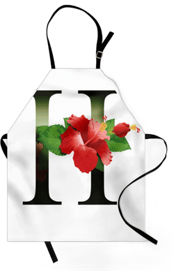 Letter H Apron Hibiscus Design Green Leaves Vibrant Color Flower Natural Pattern Print, Unisex Kitchen Bib Apron with Adjustable Neck for Cooking Baking Gardening, Vermilion Green Black, by Ambesonne