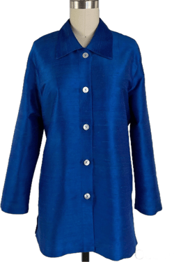 Silk Dupioni Classic Long Blouse with Collar and Side Slits