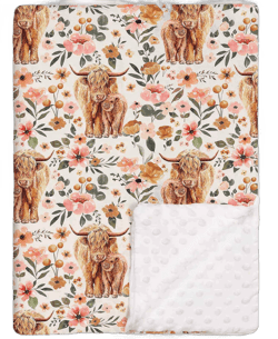 Highland Cow Boho Floral Baby Blanket Unisex, Soft Newborn Minky Blankets with Double Layer Dotted Backing, Farmhouse Themed Receiving Blankets, Toddler Baby Nursery Bed Crib Shower Gifts, 30"x40"
