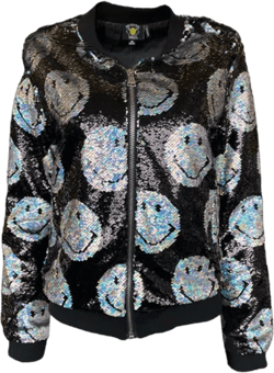 Women's Black / Silver Iridescent Smiley Reversible Sequin Bomber Jacket In Black/silver