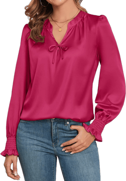 Zaful Women's Vintage Satin Bow V Neck Puff Sleeve Blouse