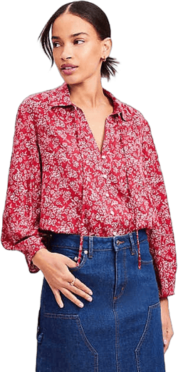 Loft Women's Floral Seamed Sleeve Tie Neck Blouse