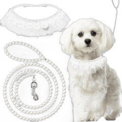 2 Pieces Dog Wedding Outfit Leash Set Pearls Beaded Collar for Dogs,120 m 4 ft White Lace Dog Collar for Medium Dogs Cats Floral Collars Pet (M)