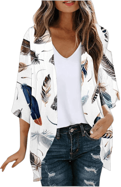 Women's Beach Cover up Tropical Floral Print Swimsuit Kimono Casual Boho 3/4 Sleeve Lightweight Open Front Cardigans XX-Large 03 White