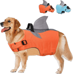 Adjustable Dog Life Jacket Dog Swimming Suit Ripstop Shark Dog Safety Vest Dog Preserver with Durable Rescue Handle for Small,Medium,Large Dogs (L, Orange) Red Large