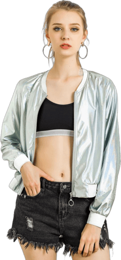 Allegra K Women's Holographic Fashion Stand Collar Metallic Lightweight Zip Bomber Jacket Light Silver Medium