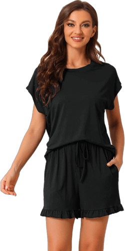 cheibear Women's Summer Soft Short Sleeves Tops with Ruffle Shorts Lounge Pajamas Sets Black Large