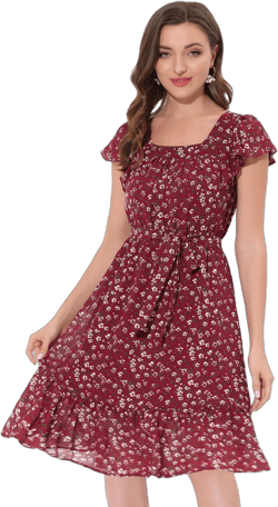 Allegra K Women's Floral Chiffon Flutter Sleeve Belted Square Neck Ruffled Hem Dress Burgundy Large