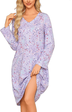 ENJOYNIGHT Women's Cotton Nightgown Long Sleeve V Neck Nightshirt Print Sleep Dress with Pockets