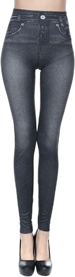 Naiyafly High Waist Slim Skinny Jeggings with Pockets Denim Print Fake Jeans Women Look Like Leggings Seamles Stretchy Full Length Black 2XL