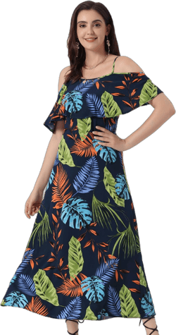 Allegra K Women's Tropical Flare Sleeve Midi Off-Shoulder Sundresses Navy Blue Medium