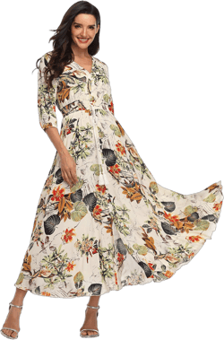 Women's Bohemian Floral Print Split Long Flowy Maxi Dress