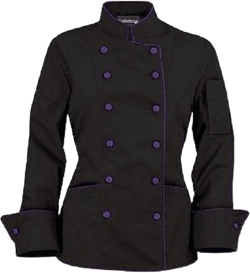 Long Sleeves Tailored Fit Chef Jacket Coat Uniform for Women for Food Service, Caterers, Bakers and Culinary Professional (XL (to Fit Bust 40-41), Black (Purple Trim))