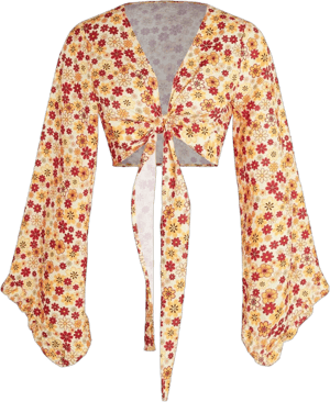 Verdusa Women's 70s Floral Print Tie Front Bell Long Sleeve Crop Top